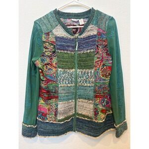 Kaktus Artsy Patchwork Zipper Cardigan Sweater‎ Teal Green Paisley Boho M